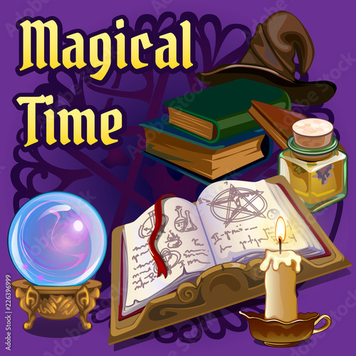 The set of objects for witchcraft and spiritualistic seances on purple background. A poster on the theme of the holiday of evil spirit Halloween. Vector cartoon close-up illustration.
