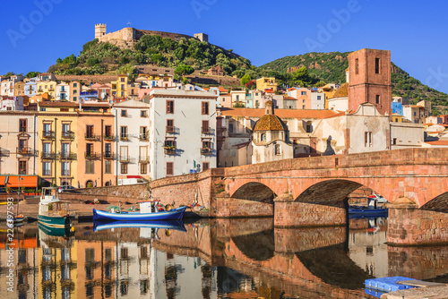 Beautiful view of Bosa town, Sardinia island, Italy. Travel destination photo