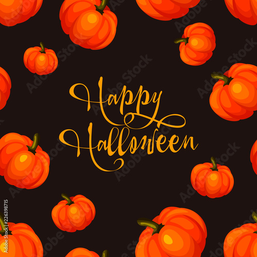 Amazing pumpkins on dark background. Happy Halloween day poster or banner. Autumn holidays concept. Isolated vector Illustration. Design for web page, fabric, wallpaper, textile, invitations, flyers.