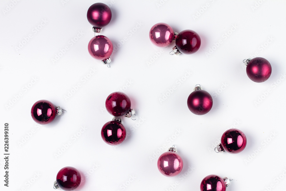 Christmas flat lay scene with pink and violet glass balls Christmas flat lay scene with pink and violet glass balls