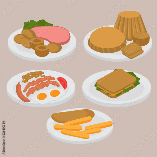 London cafe menu. English breakfast, lunch and dinner plate with sausage, egg, becon and beans. Meat and sandwich. Fish and chips, pastry and pudding