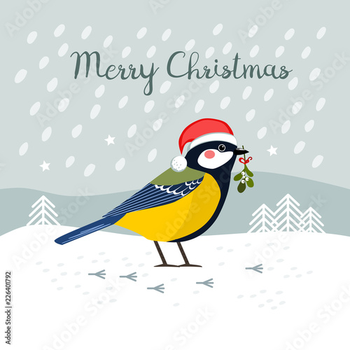 Great Tit with Santa Claus hat and winter background, Christmas greeting card, vector illustration