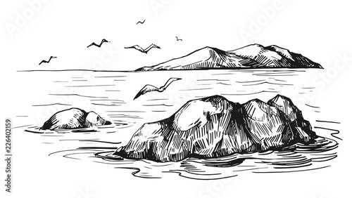 Sea sketch with rocks and gulls. Hand drawn illustration converted to vector