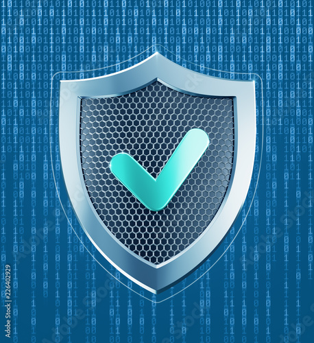 System Under Protection. Metallic shield pictured in techno style on digital background formed from binary code. 3D rendering graphic composition on the subject of 'Cybersecurity'.