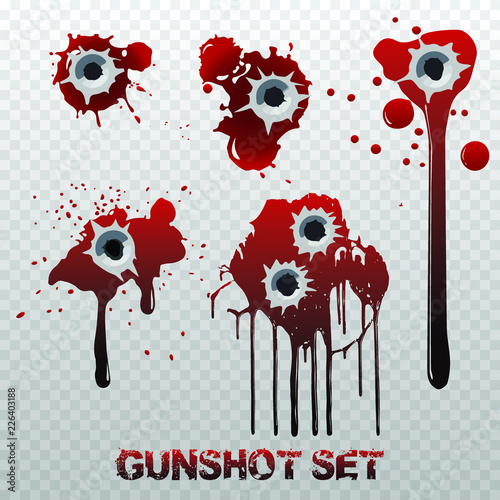 Set of bullet holes with blood in walls or body. Bloody stains, spatter and smudges. Vector illustration. Isolated.
