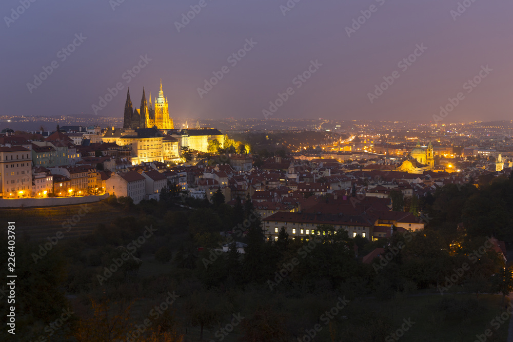Night Prague City with gothic Castle, Czech Republic