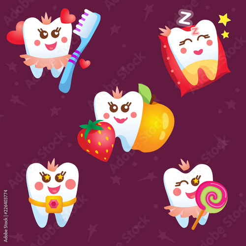 Cartoon tooth like a princess in different actions