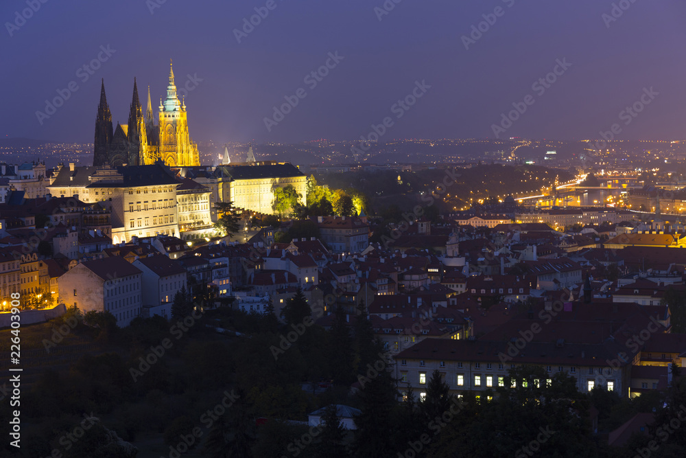 Night Prague City with gothic Castle, Czech Republic