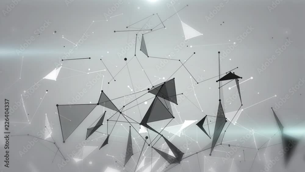 Plexus of abstract black and white geometrical lines with moving triangles and dots on a gray background animations.