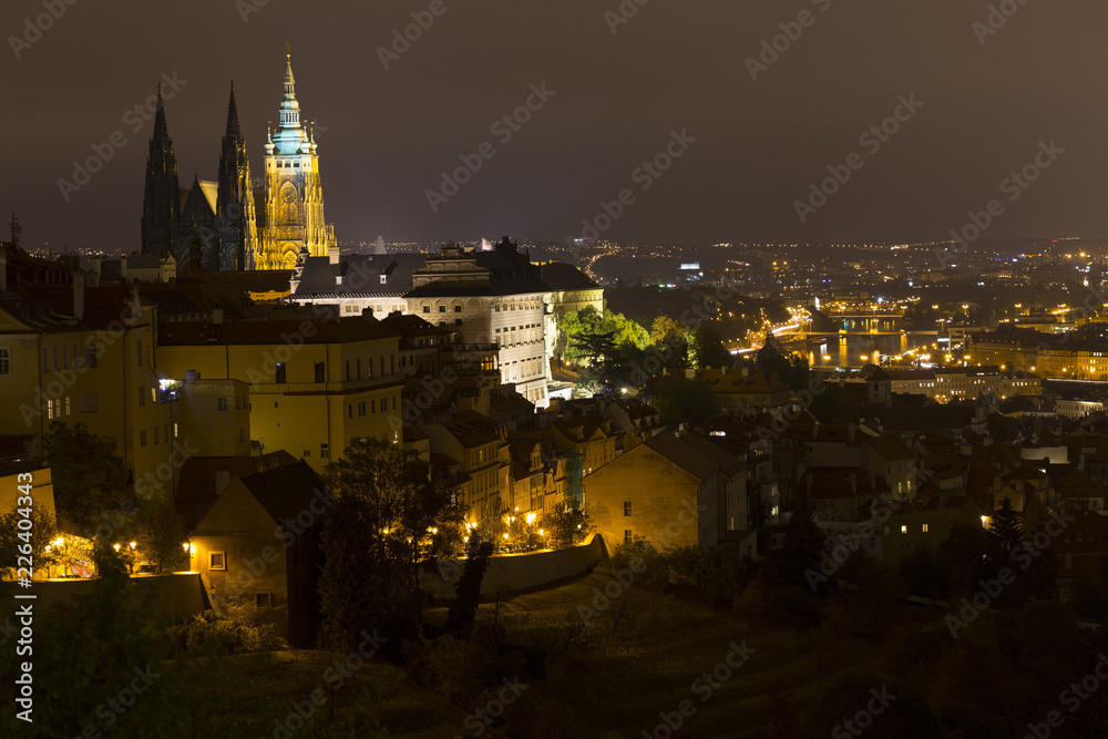 Night Prague City with gothic Castle, Czech Republic