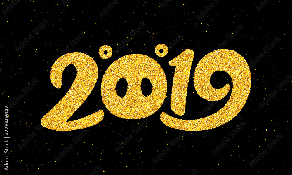 Happy New Year 2019 greeting card design template with gold text on black background. Calligraphy for chinese year of the pig. Vector illustration Happy New Year 2019 greeting card design template with gold text on black background. Calligraphy for chinese year of the pig. Vector illustration