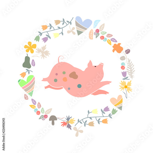 Pink pig in frame of flowers  leaves and hearts. Holiday illustration