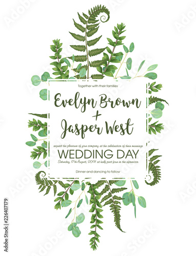 Wedding floral invitation, invite card. Vector watercolor set green forest fern, herbs, eucalyptus, branches boxwood, buxus. Natural, botanical decorative frame, border, square