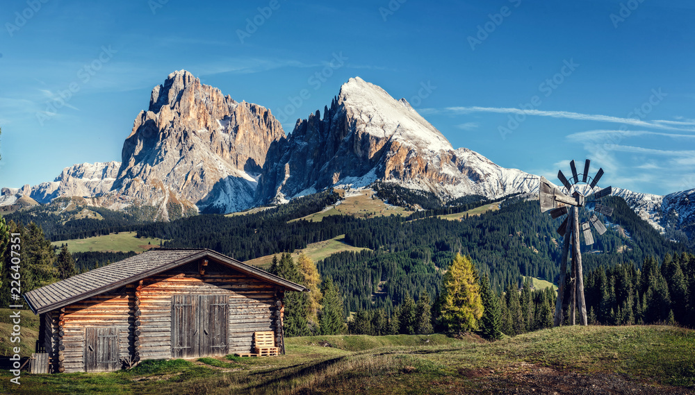 Hut with Alpe di Siusi - Seiser Alm with Sassolungo - Langkofel and Plattkofel mountains in background