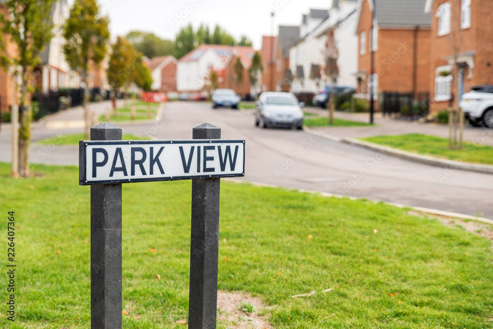 park view street sign post over new built estate