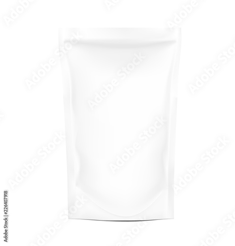 Food pouch bags isolated on white background. Vector illustration. Front view. Can be use for template your design, presentation, promo, ad. EPS10.