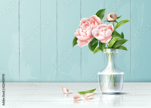 Vector realistic pink rose flower leaves bouquet © belokrylowa