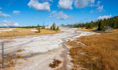 Water flows from a hot spring along white travertine in Upper Geyser Basin