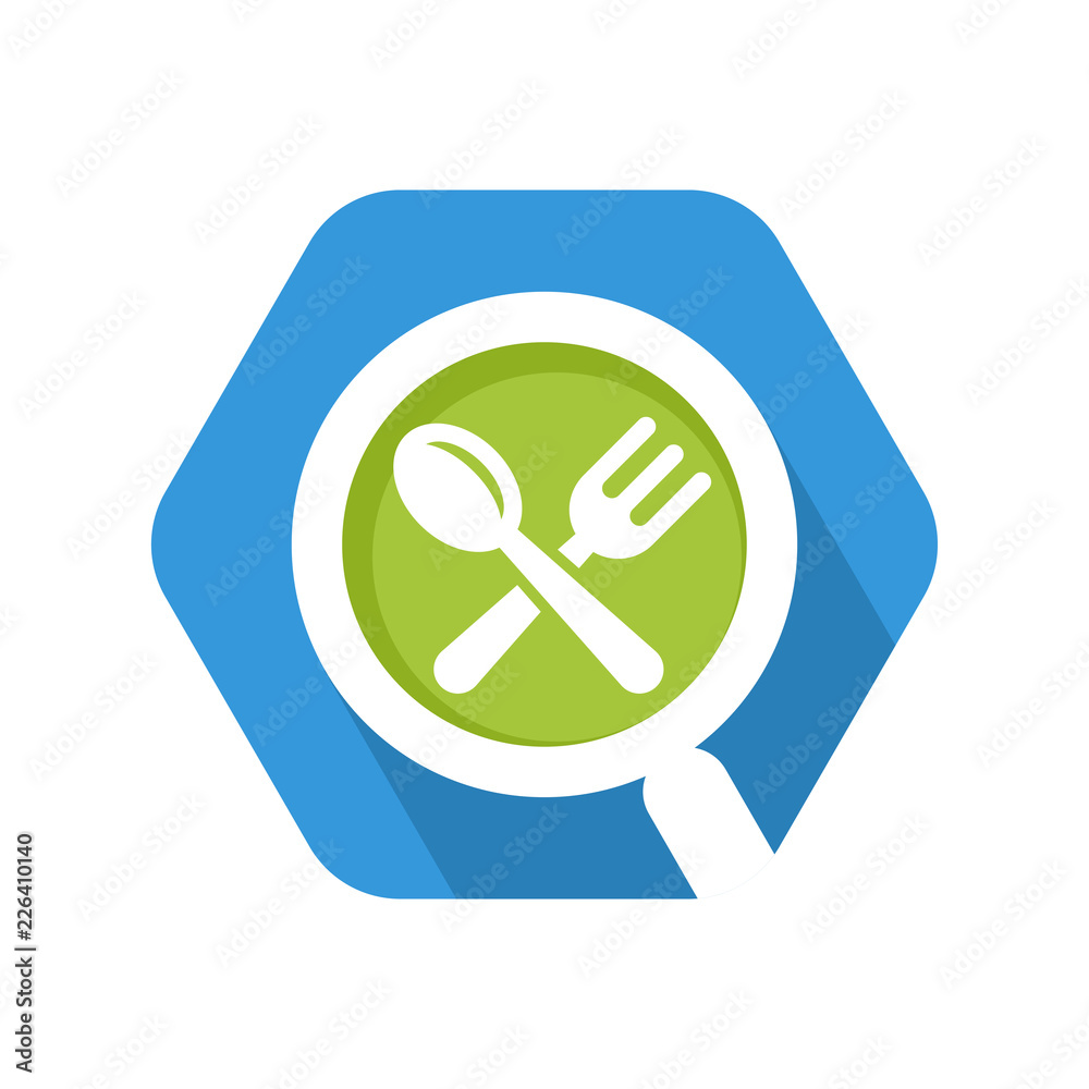 Hexagon shape icon with a concept that illustrates looking for restaurant information, looking for culinary information Hexagon shape icon with a concept that illustrates looking for restaurant information, looking for culinary information