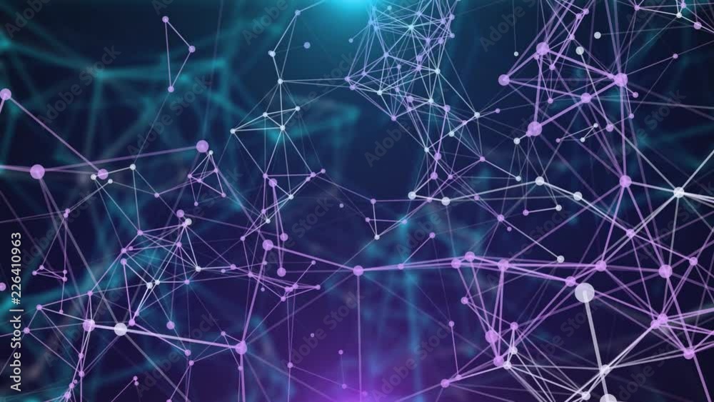 Plexus of abstract blue and violet geometrical lines with moving triangles and dots on a black background. Loop animations.