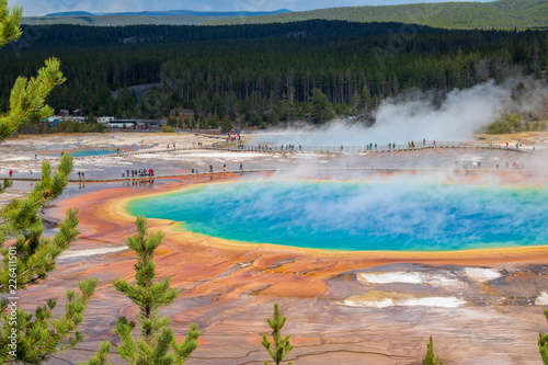 Tourists on the boardwalk at Grand Prismatic Spring