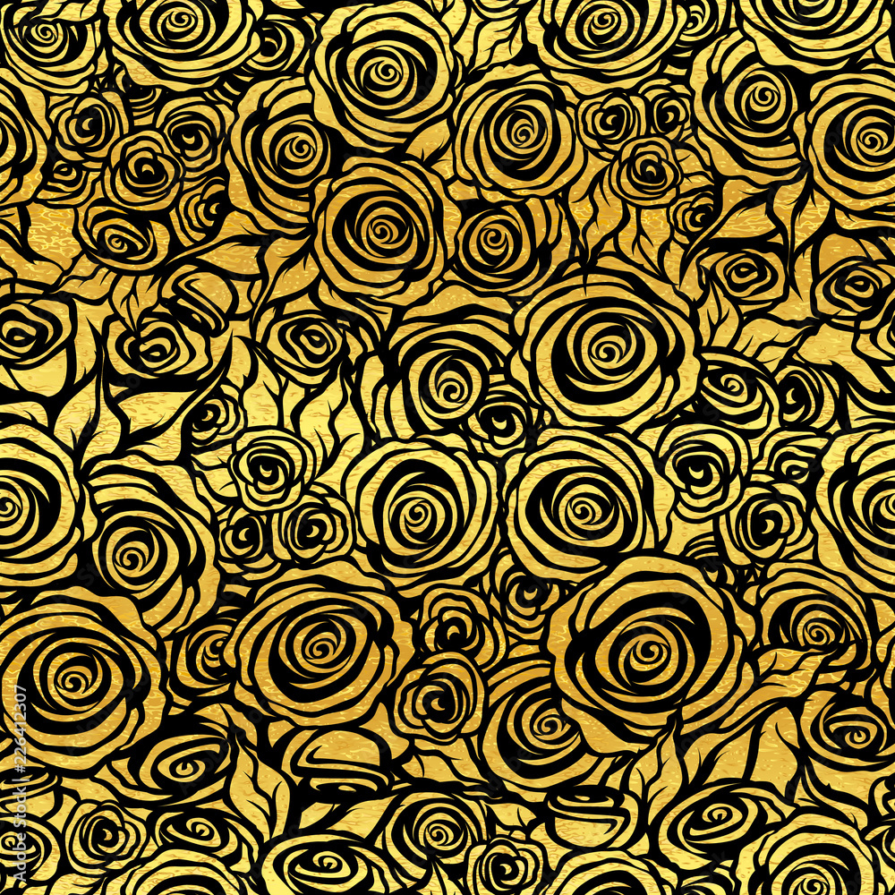 Seamless black rose pattern on gold background. Vector illustration. Seamless black rose pattern on gold background. Vector illustration.