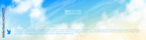 Narrow horizontal vector banner with realistic beige-blue sky and cumulus clouds. The image can be used to design a flyer and postcard.
