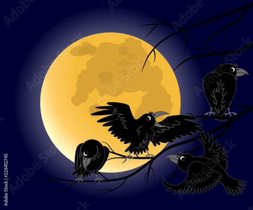 full moon, a crow sitting on a dead black branches