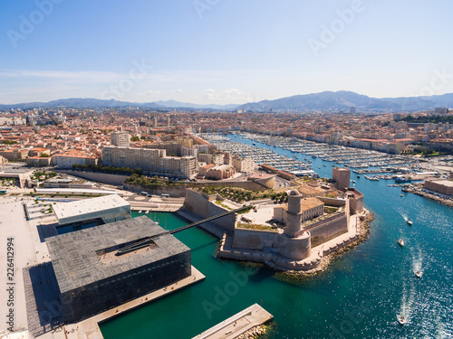 Aerial view of Marseille pier - Vieux Port, Saint Jean castle, and mucem in south of France photo