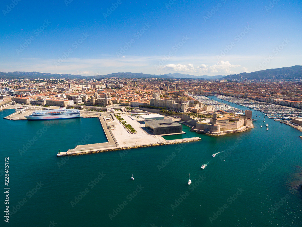 Aerial view of Marseille pier - Vieux Port, Saint Jean castle, and mucem in south of France