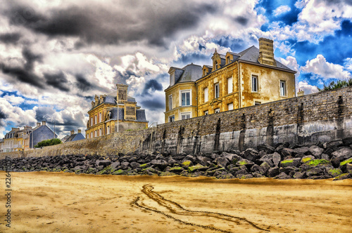 Creative architecture on the beach of Arromanches, France, Europe
