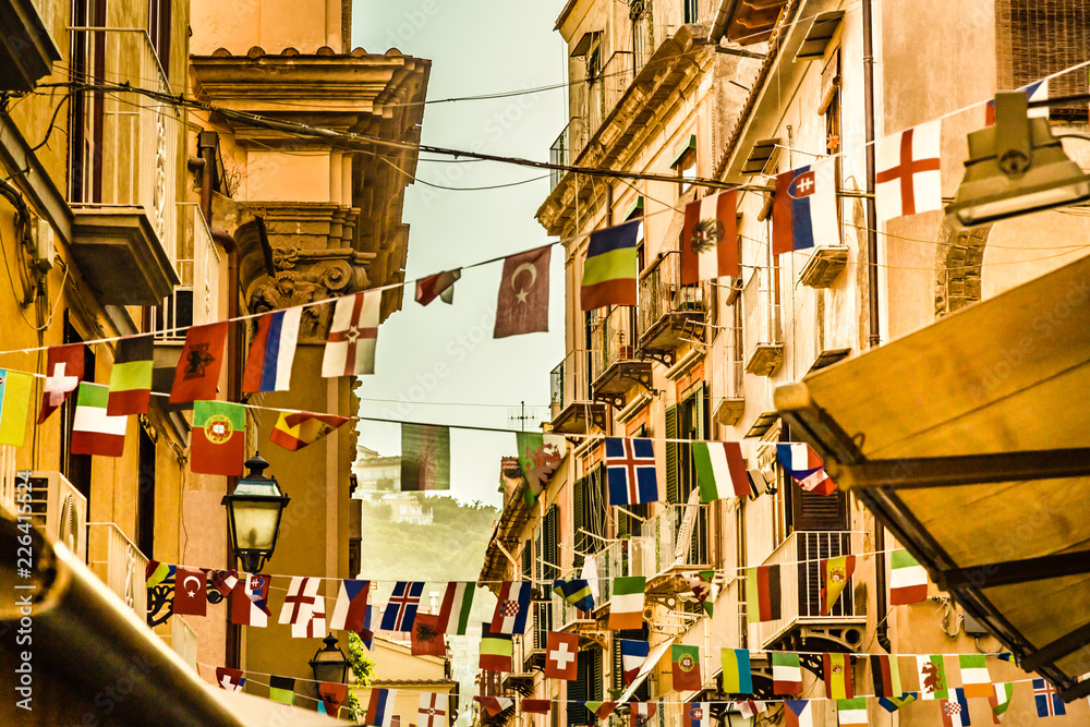 Flags of the world waving in Sorrento
