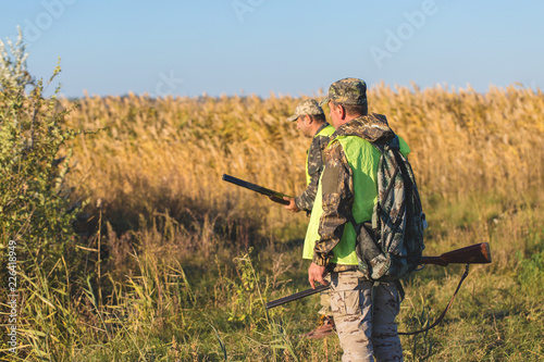 Hunters with a german drathaar and spaniel  pigeon hunting with dogs in reflective vests 