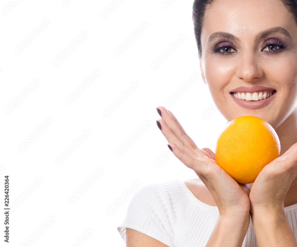 beauty portrait of attractive young caucasian happy smiling woman isolated on white studio shot with orange citrus fruit face makeup looking at camera beauty portrait of attractive young caucasian happy smiling woman isolated on white studio shot with orange citrus fruit face makeup looking at camera