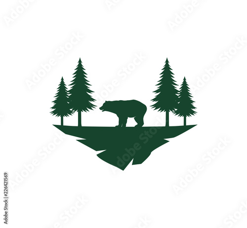 animal bear with pine tree on a park land vector illustration logo design