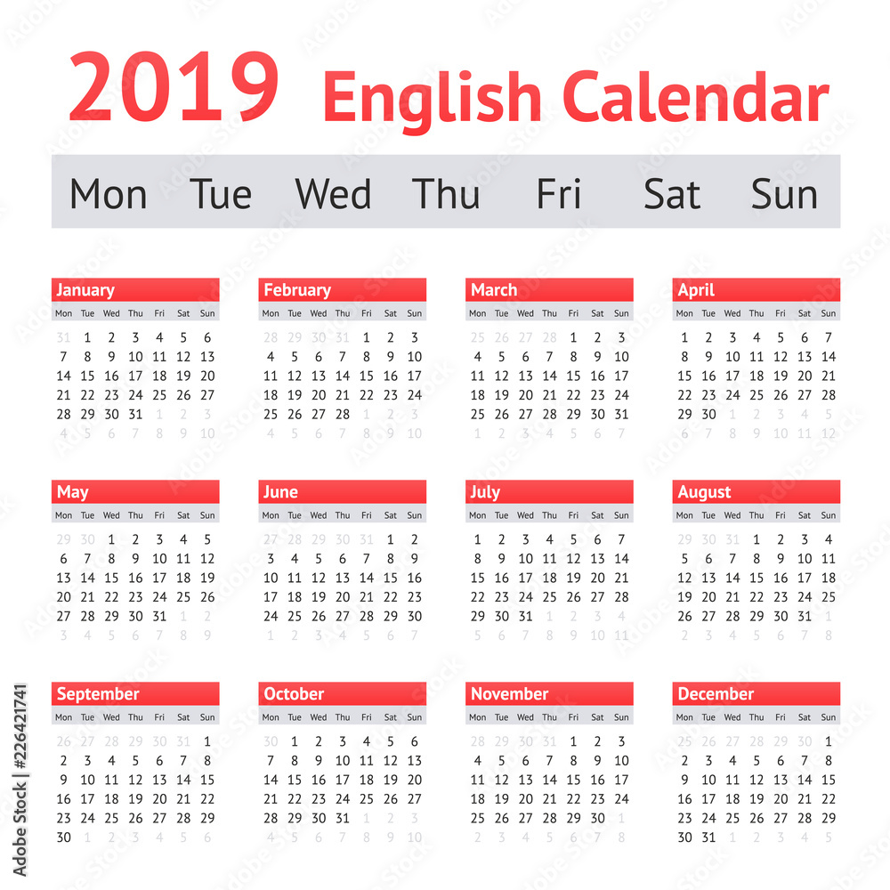 2019 European English Calendar. Week starts on Monday
