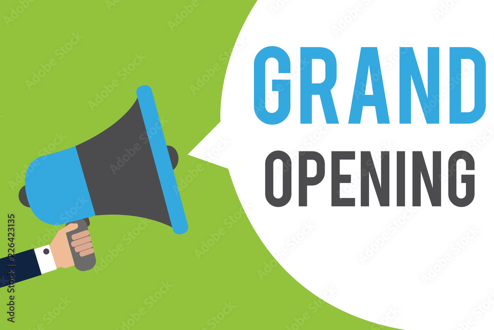 Text sign showing Grand Opening. Conceptual photo Ribbon Cutting New Business First Official Day Launching Man holding megaphone loudspeaker speech bubble message speaking loud Text sign showing Grand Opening. Conceptual photo Ribbon Cutting New Business First Official Day Launching Man holding megaphone loudspeaker speech bubble message speaking loud