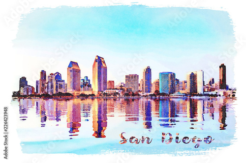 Watercolor painting from photograph of San Diego Skyline at sunset from Coronado photo