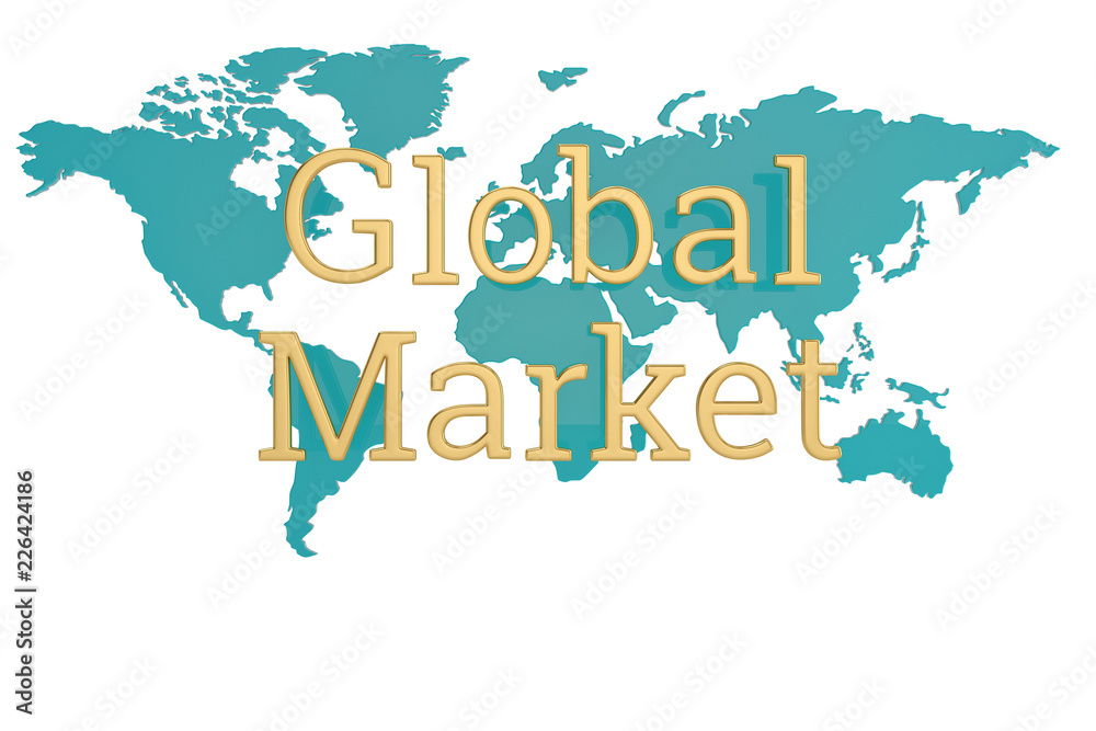 Golden global market word and world map isolated on white background 3D illustration.