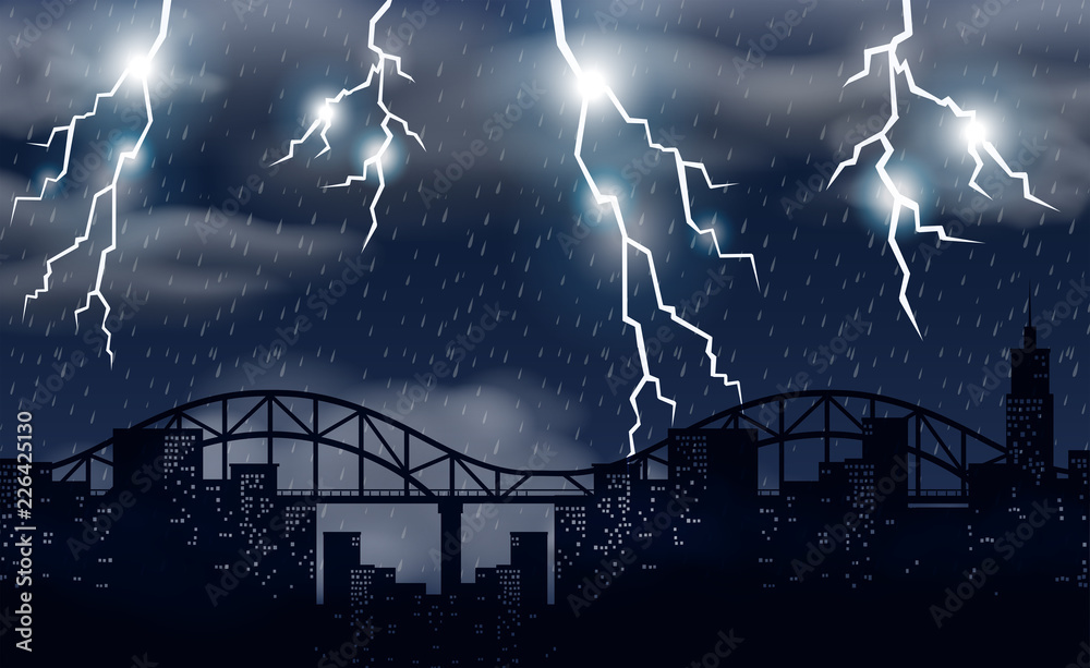 Storm and lighting over city