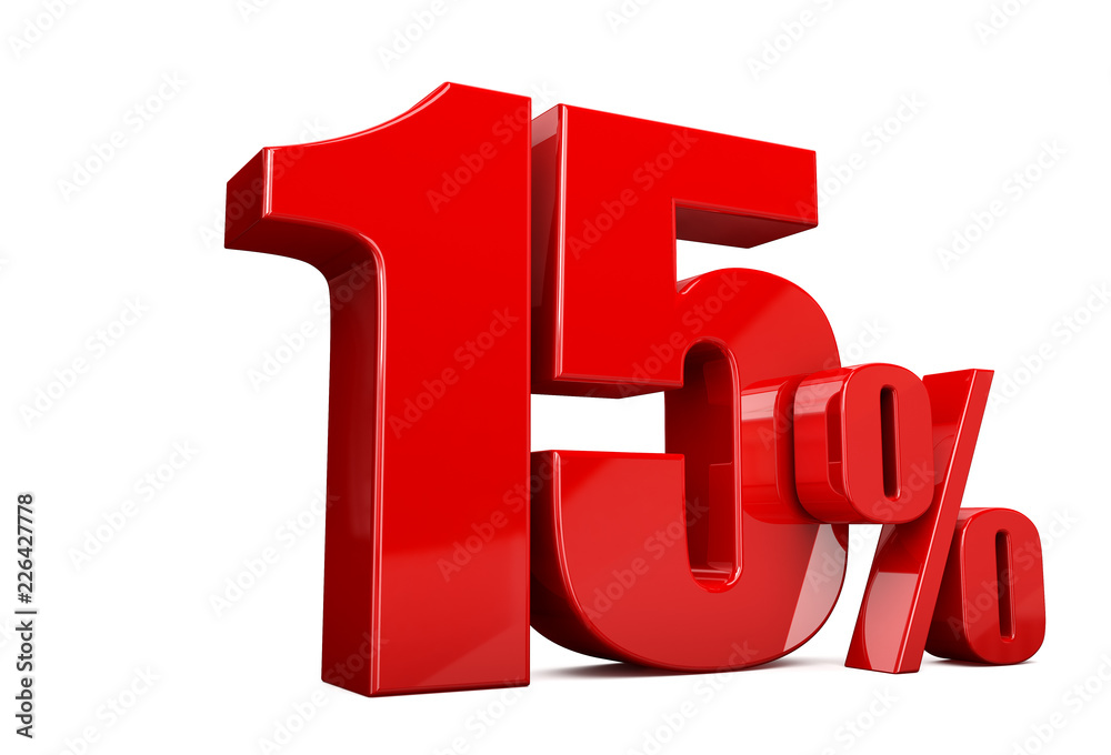 3d render illustration. Red fifteen percent on a white background. 3d render illustration. Red fifteen percent on a white background.