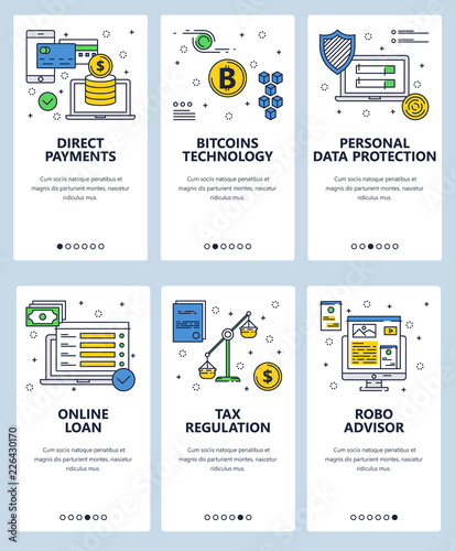 Vector web site linear art onboarding screens template. Online direct payments and financial services. Menu banners for website and mobile app development. Modern design flat illustration.