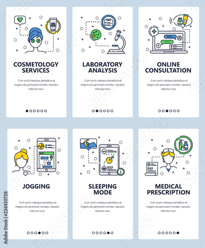 Vector web site linear art onboarding screens template. Healthcare and healthy lifestyle. Online doctor consultation Menu banners for website and mobile app development. Modern design flat