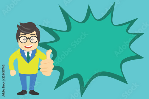 Flat design business Vector Illustration concept copy text for esp Web banners promotional material mock up template. Man in Suit Standing Making Thumbs Up and Blank Explosion Speech Bubble