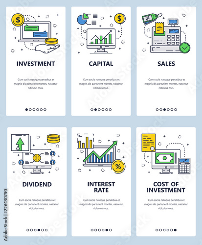 Vector web site linear art onboarding screens template. Finance and investment business icons. Menu banners for website and mobile app development. Modern design flat illustration.