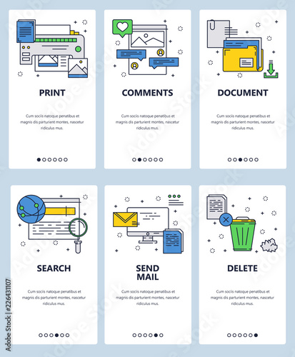 Vector web site linear art onboarding screens template. Printer, computer and internet icons. Menu banners for website and mobile app development. Modern design flat illustration.