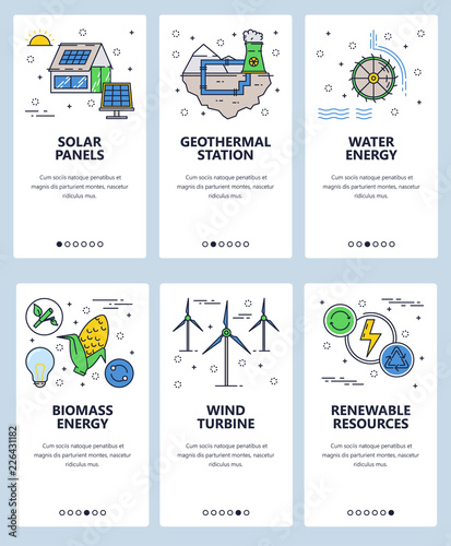 Vector web site linear art onboarding screens template. Renewable alternative energy sources and power plants. Menu banners for website and mobile app development. Modern design flat illustration.