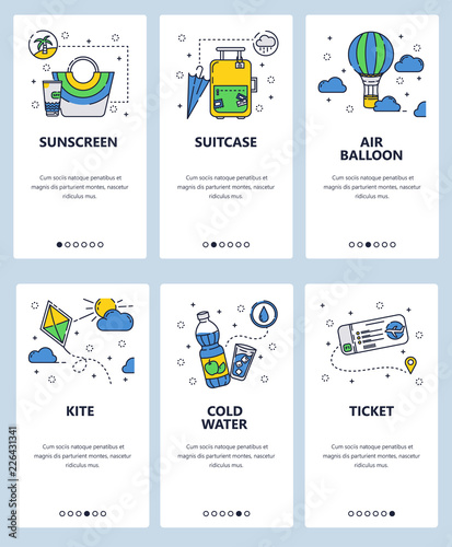 Vector web site linear art onboarding screens template. Travel icons, kite, air balloon and plane ticket. Menu banners for website and mobile app development. Modern design flat illustration.