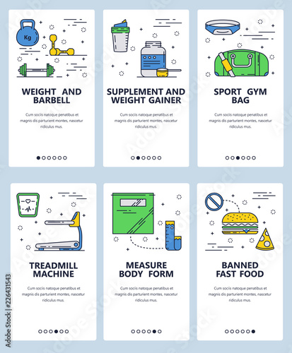 Vector web site linear art onboarding screens template. Sport and fitness icons. Menu banners for website and mobile app development. Modern design flat illustration.