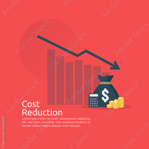 business finance crisis concept. stack pile coins and money bag icon. arrow decrease economy stretching rising drop. lost bankrupt declining. cost reduction. loss of income. vector illustration
